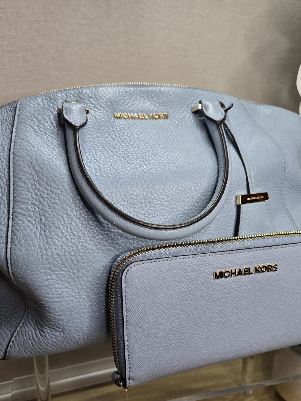 Michael Kors Light Blue Leather Satchel with Matching Zip Wallet